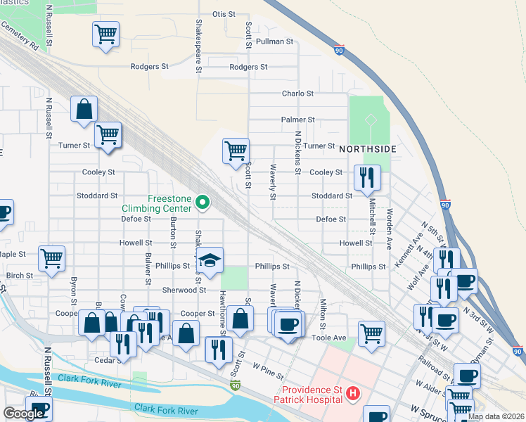 map of restaurants, bars, coffee shops, grocery stores, and more near 1245 Waverly Street in Missoula