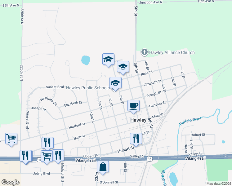 map of restaurants, bars, coffee shops, grocery stores, and more near 714 Joseph Street in Hawley
