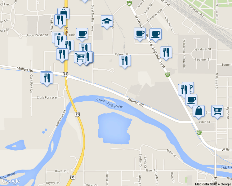 map of restaurants, bars, coffee shops, grocery stores, and more near 2829 Great Northern Loop in Missoula