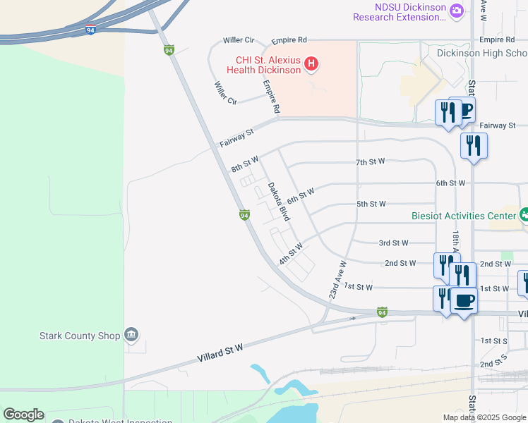 map of restaurants, bars, coffee shops, grocery stores, and more near 2585 Dakota Boulevard in Dickinson