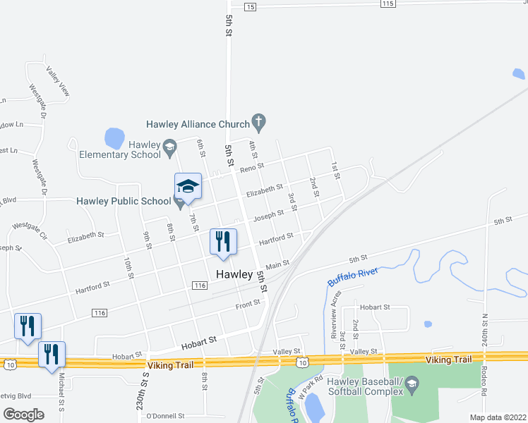 map of restaurants, bars, coffee shops, grocery stores, and more near 621 4th Street in Hawley