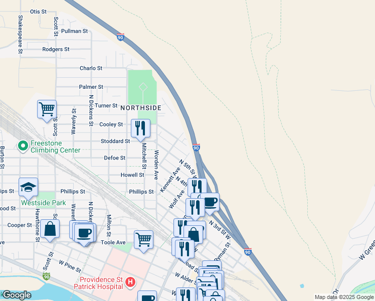 map of restaurants, bars, coffee shops, grocery stores, and more near 730-798 N 6th St W in Missoula