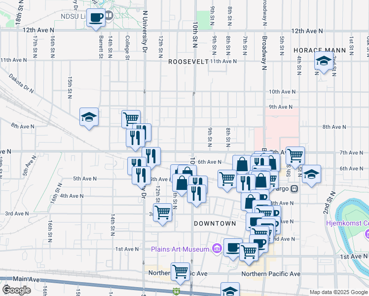 map of restaurants, bars, coffee shops, grocery stores, and more near 721 11th Street North in Fargo
