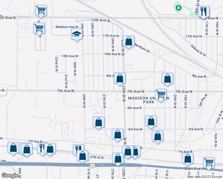 map of restaurants, bars, coffee shops, grocery stores, and more near 717 27th St N in Fargo