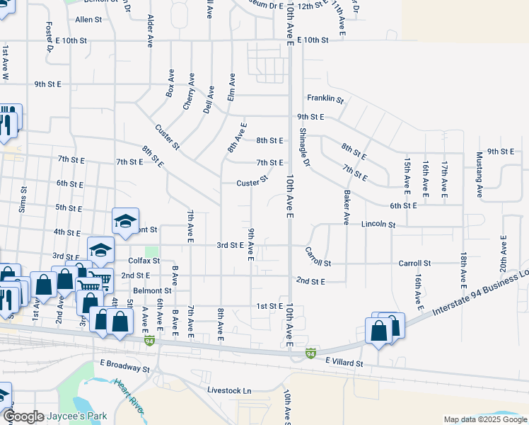 map of restaurants, bars, coffee shops, grocery stores, and more near 301-699 10th Avenue East in Dickinson