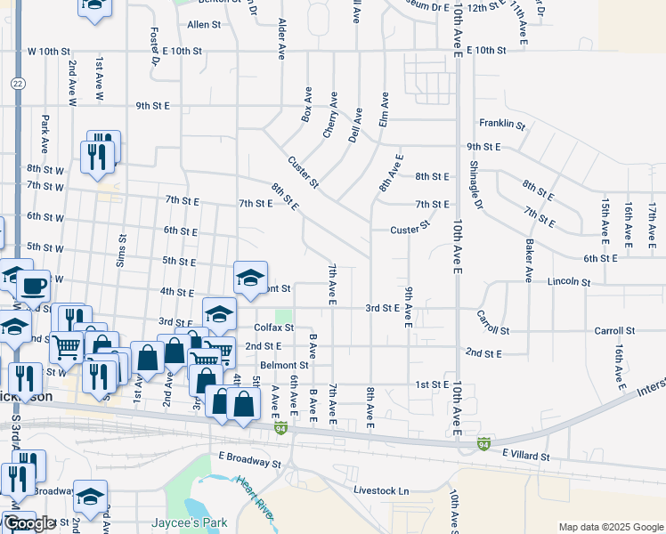 map of restaurants, bars, coffee shops, grocery stores, and more near 417 7th Avenue East in Dickinson