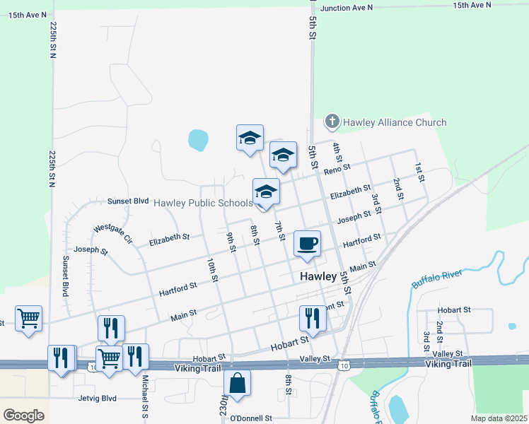 map of restaurants, bars, coffee shops, grocery stores, and more near 714 Joseph Street in Hawley