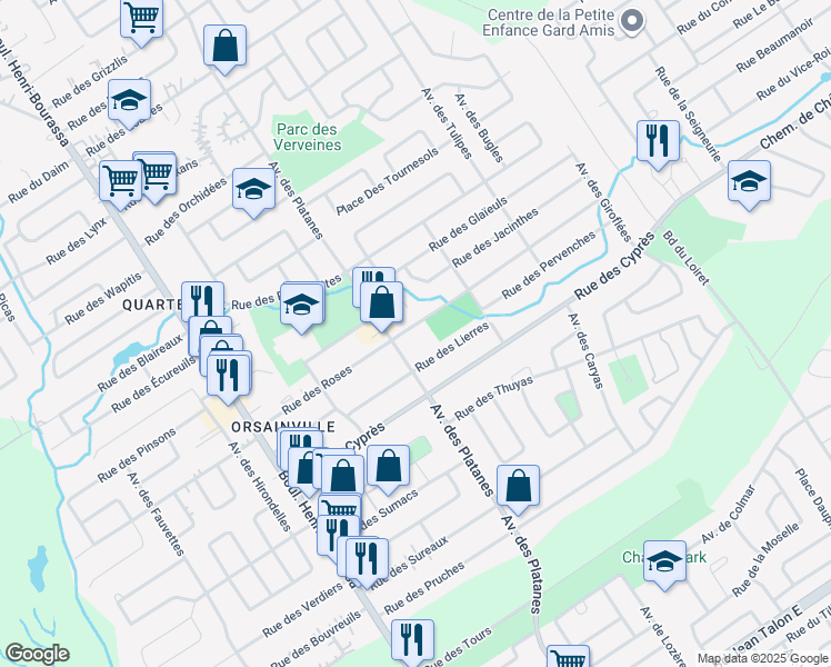 map of restaurants, bars, coffee shops, grocery stores, and more near 4460 Rue des Roses in Ville de Québec