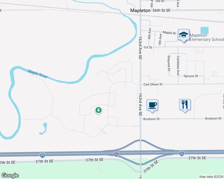 map of restaurants, bars, coffee shops, grocery stores, and more near Carl Olsen Street in Mapleton