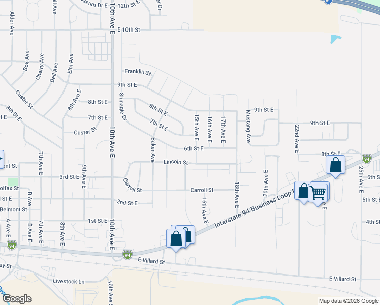 map of restaurants, bars, coffee shops, grocery stores, and more near 1361 East 6th Street in Dickinson