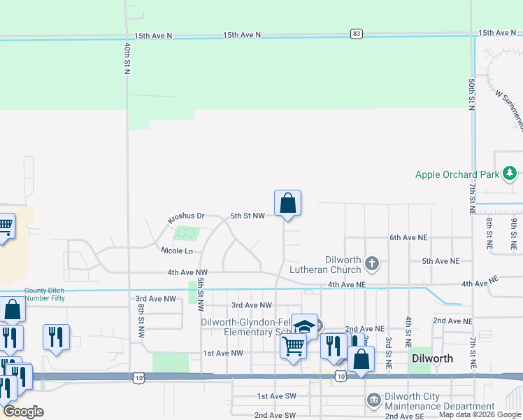 map of restaurants, bars, coffee shops, grocery stores, and more near 542 5th Street Northwest in Dilworth