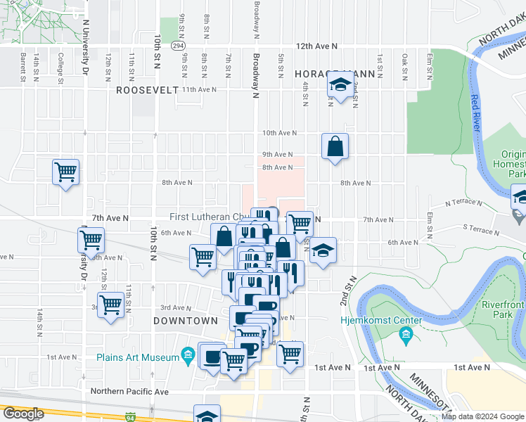 map of restaurants, bars, coffee shops, grocery stores, and more near 723 Broadway North in Fargo