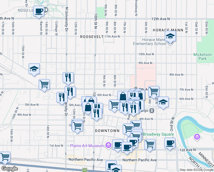 map of restaurants, bars, coffee shops, grocery stores, and more near 717 9th Street North in Fargo