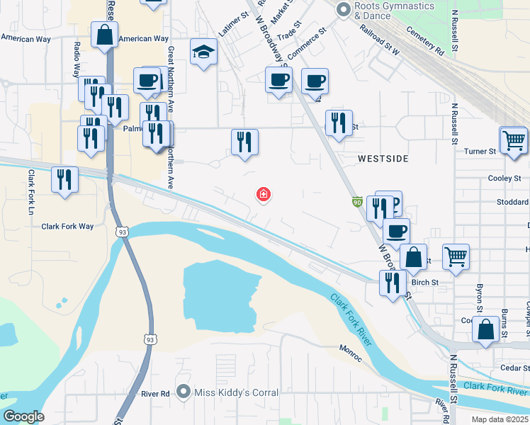 map of restaurants, bars, coffee shops, grocery stores, and more near 2360 Great Northern Avenue in Missoula