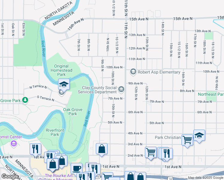 map of restaurants, bars, coffee shops, grocery stores, and more near 919 8th Avenue North in Moorhead