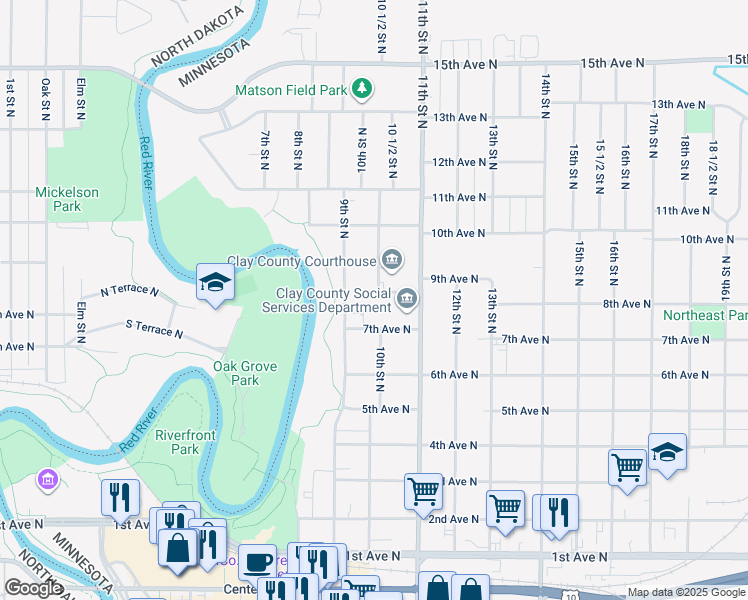 map of restaurants, bars, coffee shops, grocery stores, and more near 919 8th Avenue North in Moorhead
