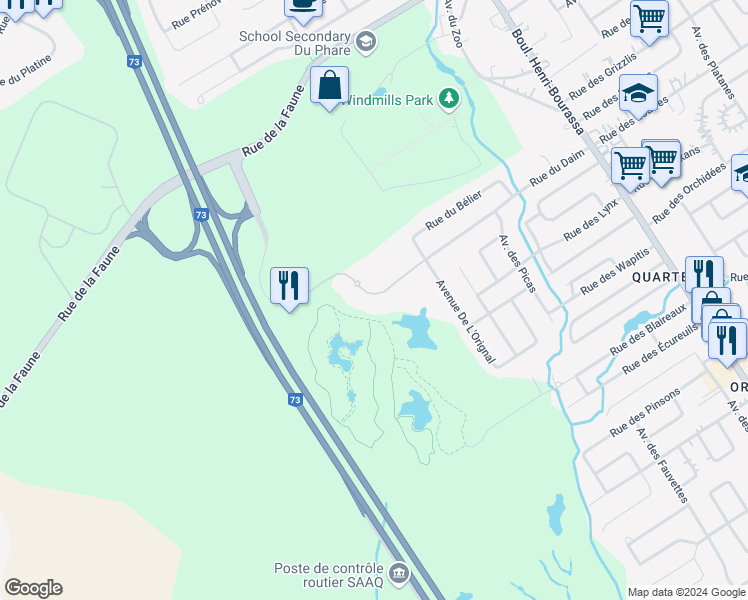 map of restaurants, bars, coffee shops, grocery stores, and more near 7740 Rue du Daim in Québec