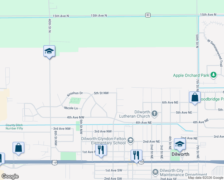 map of restaurants, bars, coffee shops, grocery stores, and more near 542 5th Street Northwest in Dilworth