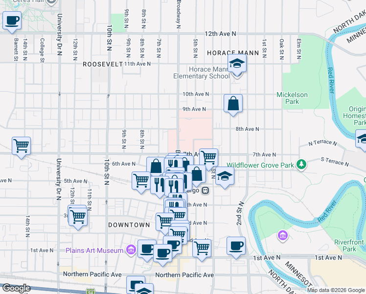 map of restaurants, bars, coffee shops, grocery stores, and more near 711 Broadway North in Fargo