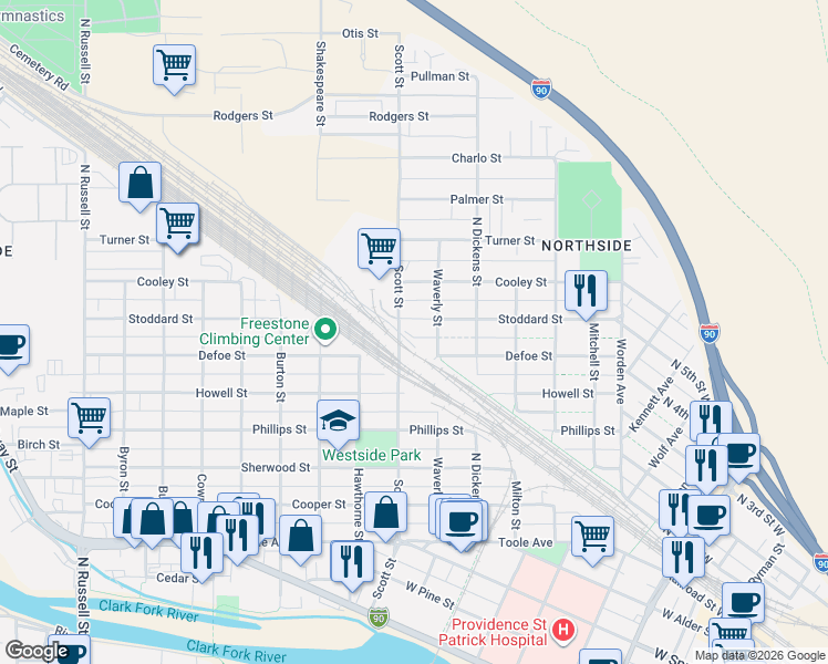 map of restaurants, bars, coffee shops, grocery stores, and more near 1028 Stoddard Street in Missoula