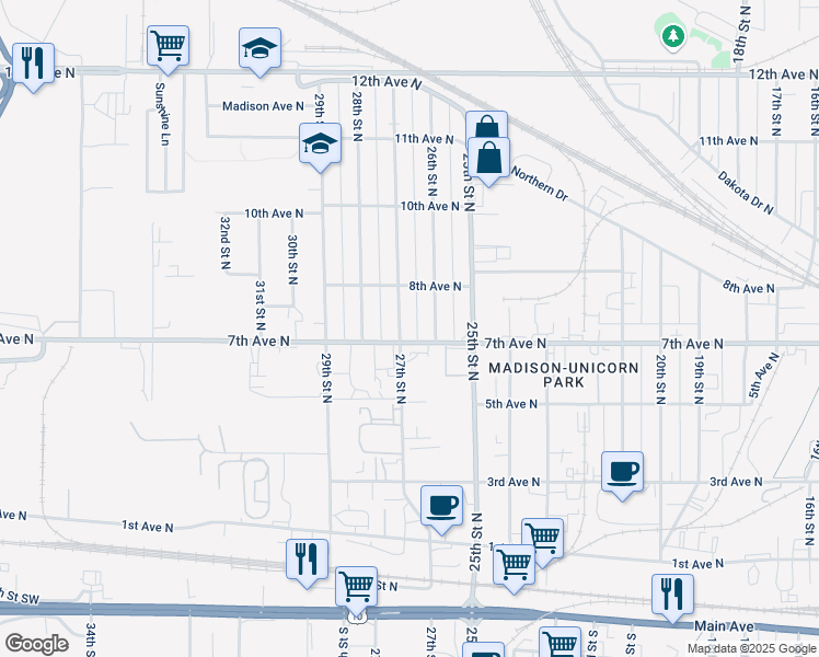 map of restaurants, bars, coffee shops, grocery stores, and more near 717 27th St N in Fargo