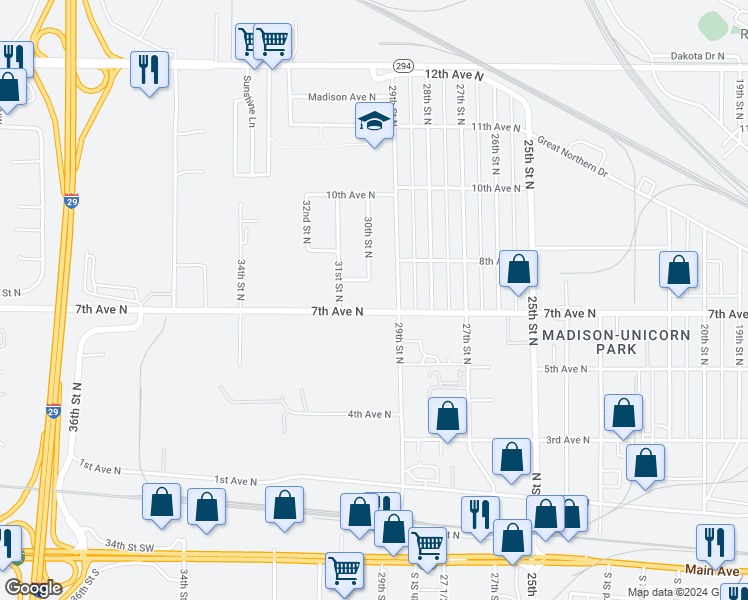 map of restaurants, bars, coffee shops, grocery stores, and more near 713 30th Street North in Fargo