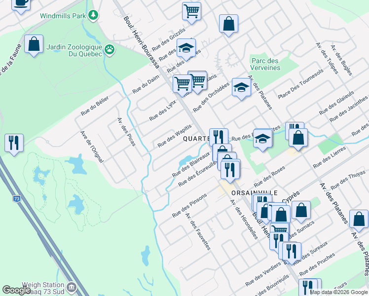 map of restaurants, bars, coffee shops, grocery stores, and more near 6137 Rue des Faons in Québec