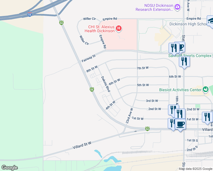 map of restaurants, bars, coffee shops, grocery stores, and more near Dakota Boulevard in Dickinson