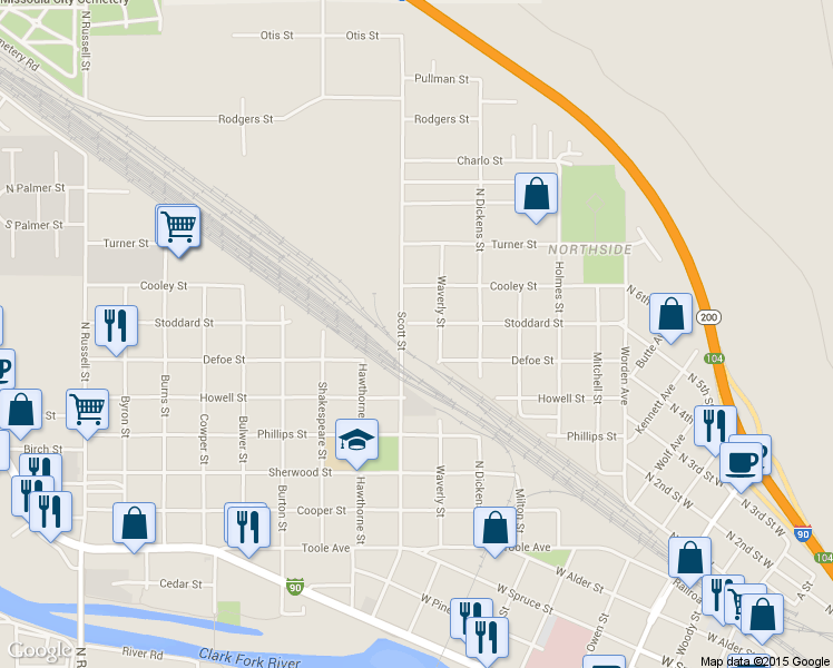 map of restaurants, bars, coffee shops, grocery stores, and more near 1023 Stoddard Street in Missoula