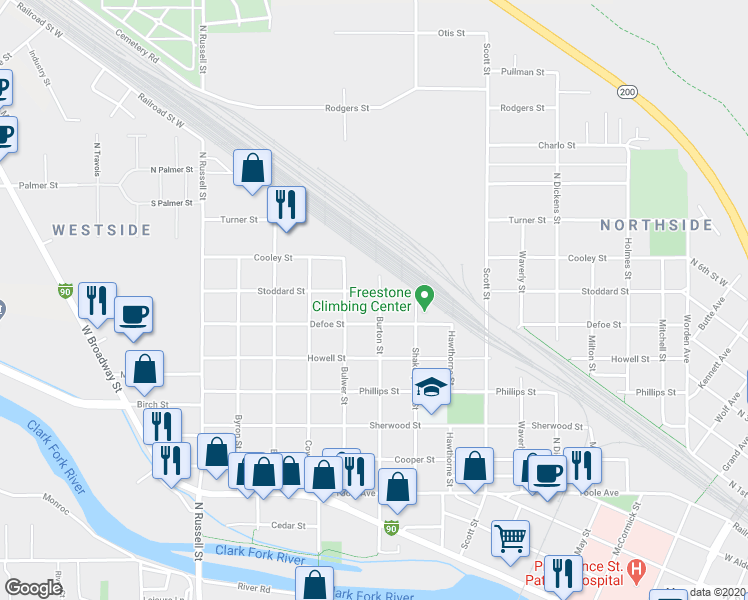 map of restaurants, bars, coffee shops, grocery stores, and more near 1301 Stoddard Street in Missoula