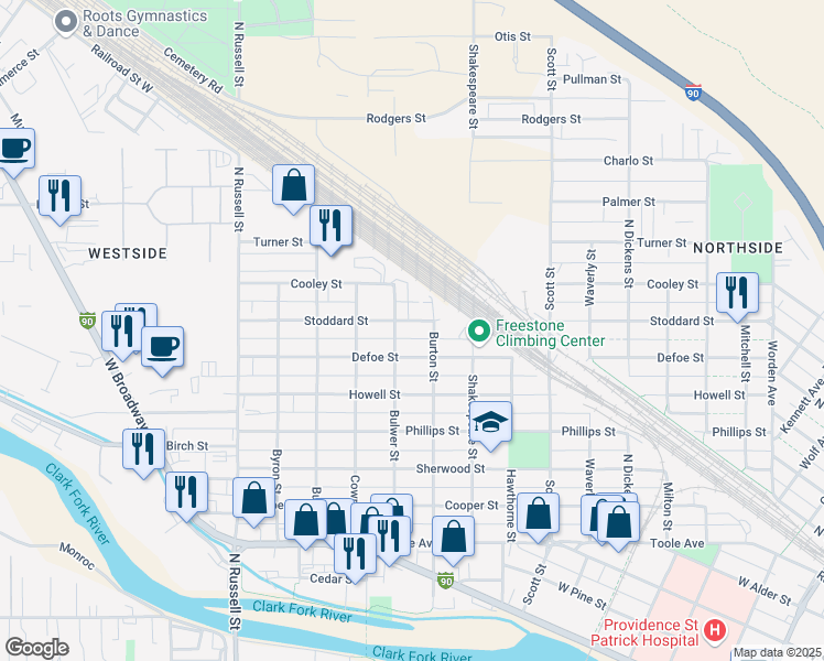 map of restaurants, bars, coffee shops, grocery stores, and more near 1300 Bulwer Street in Missoula