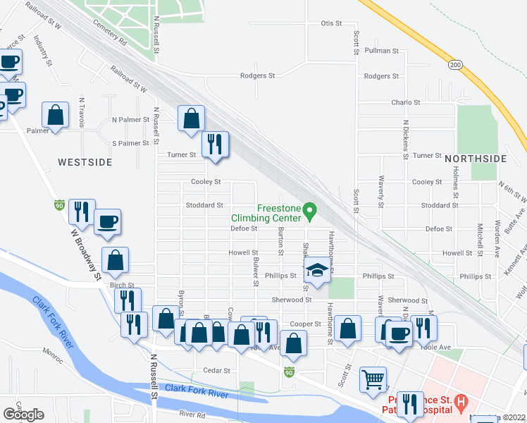 map of restaurants, bars, coffee shops, grocery stores, and more near 1300 Bulwer Street in Missoula