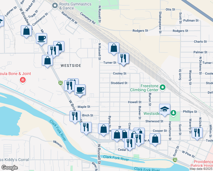 map of restaurants, bars, coffee shops, grocery stores, and more near 1820 Stoddard Street in Missoula