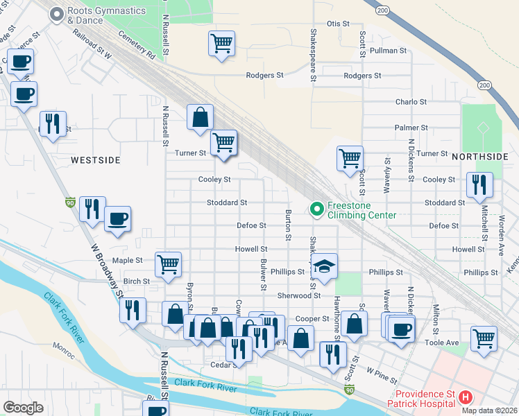 map of restaurants, bars, coffee shops, grocery stores, and more near 1215 Bulwer Street in Missoula