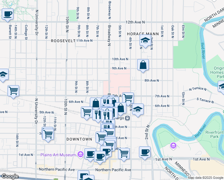 map of restaurants, bars, coffee shops, grocery stores, and more near 715 Broadway North in Fargo