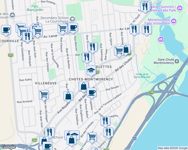map of restaurants, bars, coffee shops, grocery stores, and more near 2275 Avenue Royale in Québec City