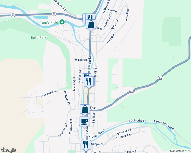 map of restaurants, bars, coffee shops, grocery stores, and more near 504 North Mill Street in Colfax