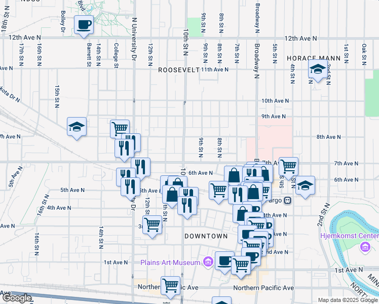 map of restaurants, bars, coffee shops, grocery stores, and more near 707 10th Street North in Fargo