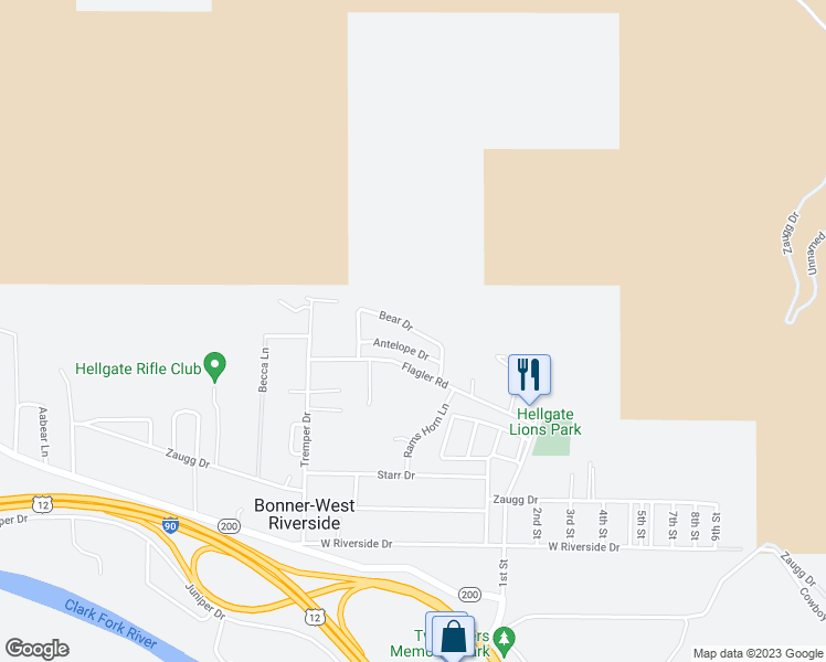 map of restaurants, bars, coffee shops, grocery stores, and more near Bear Drive in Missoula