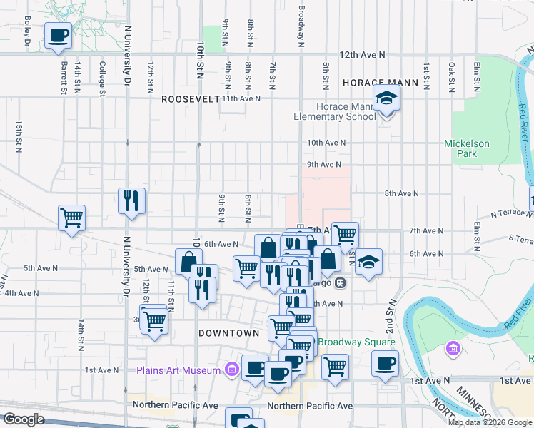 map of restaurants, bars, coffee shops, grocery stores, and more near 714 7th Street North in Fargo