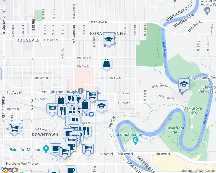 map of restaurants, bars, coffee shops, grocery stores, and more near 731 3rd Street North in Fargo