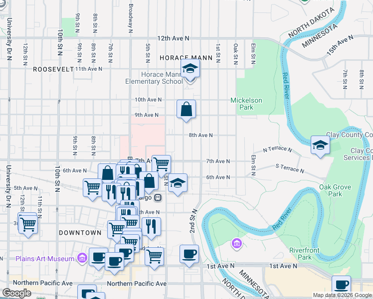 map of restaurants, bars, coffee shops, grocery stores, and more near 731 3rd Street North in Fargo