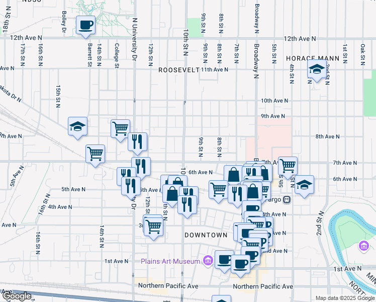 map of restaurants, bars, coffee shops, grocery stores, and more near 707 10th Street North in Fargo