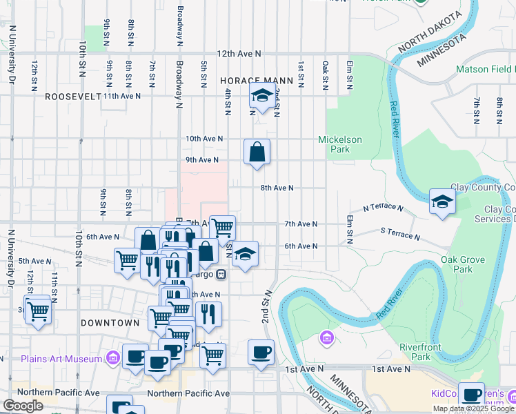 map of restaurants, bars, coffee shops, grocery stores, and more near 731 3rd Street North in Fargo