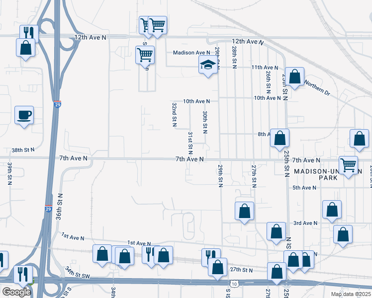 map of restaurants, bars, coffee shops, grocery stores, and more near 712 31st Street North in Fargo
