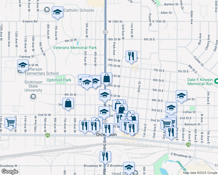 map of restaurants, bars, coffee shops, grocery stores, and more near 257 5th Street West in Dickinson