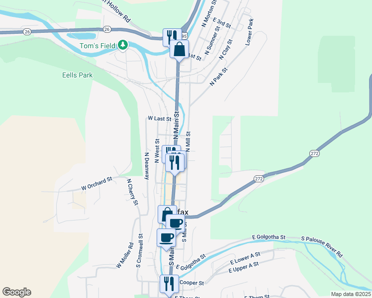 map of restaurants, bars, coffee shops, grocery stores, and more near 400 North Mill Street in Colfax