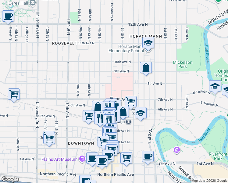 map of restaurants, bars, coffee shops, grocery stores, and more near 723 Broadway North in Fargo