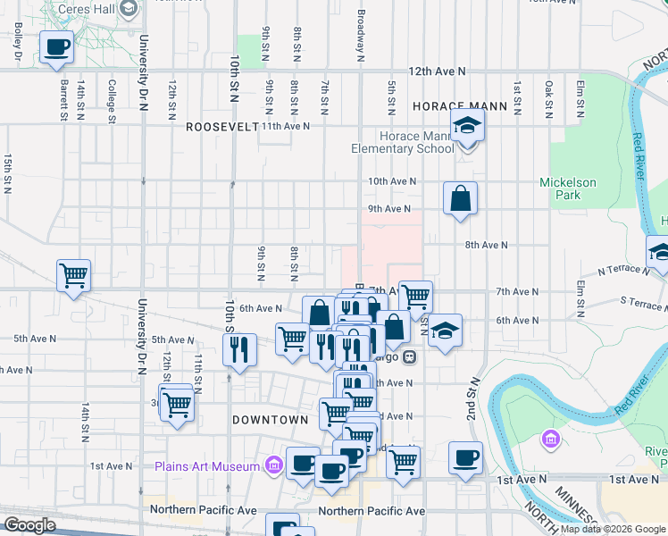 map of restaurants, bars, coffee shops, grocery stores, and more near 719 7th Avenue North in Fargo