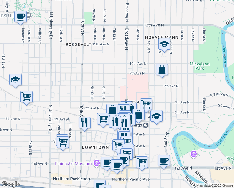 map of restaurants, bars, coffee shops, grocery stores, and more near 719 7th Avenue North in Fargo